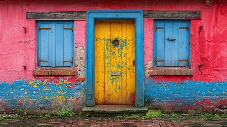 Weathered door and window in a colorful wall. Generative AIの素材