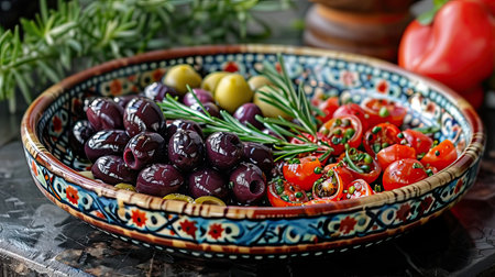 Colorful Mediterranean salad in a hand-painted bowl. Generative AIの素材