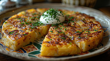 Caramelized Spanish tortilla topped with sour cream. Generative AIの素材