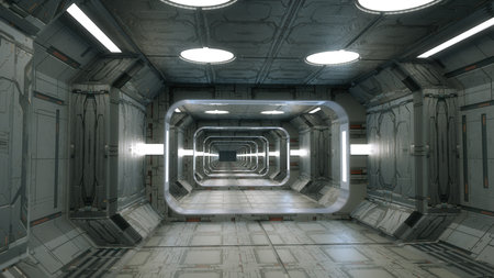 Infinite corridor inside a futuristic spaceship. 3D designの写真素材