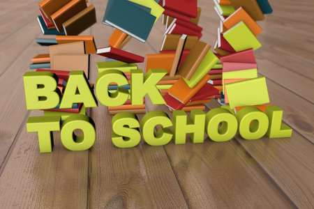 Colorful books cascade around "Back to School" textの写真素材