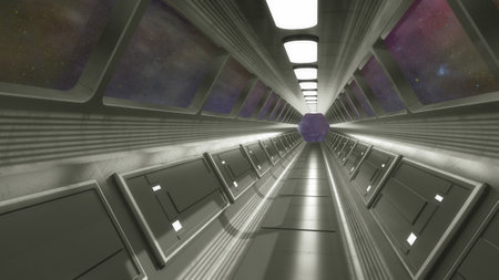 Infinite corridor inside a futuristic spaceship. 3D designの写真素材