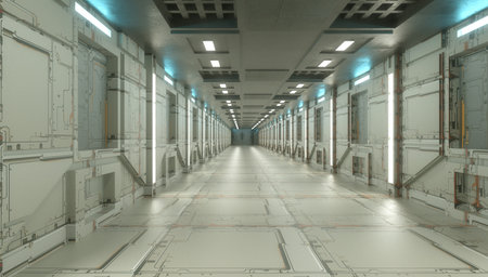 Infinite corridor inside a futuristic spaceship. 3D designの写真素材
