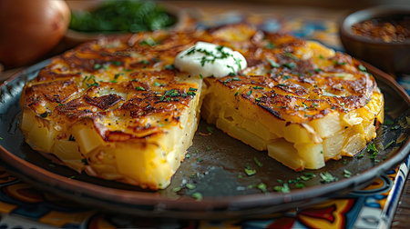 Caramelized Spanish tortilla topped with sour cream. Generative AIの素材