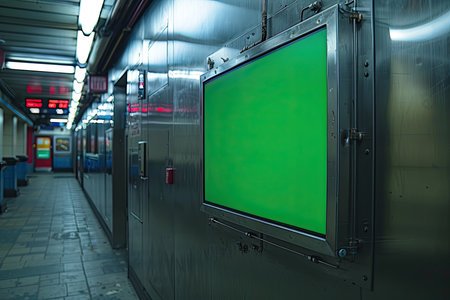 Green-lit digital displays line an empty subway station. Generative AIの素材