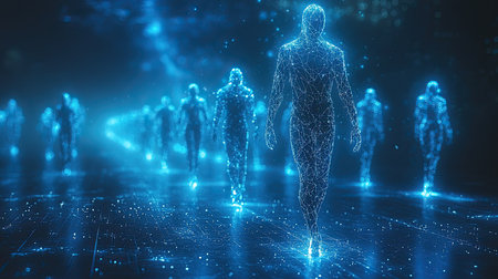 Ethereal digital figures walking in futuristic cyberspace. Generative AIの素材