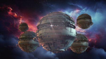 Advanced ringed space stations orbit in deep space