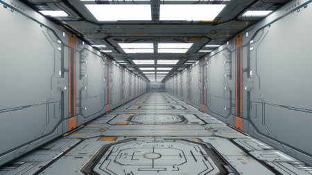 Infinite corridor inside a futuristic spaceship. 3D design