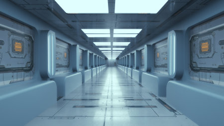 Infinite corridor inside a futuristic spaceship. 3D designの写真素材
