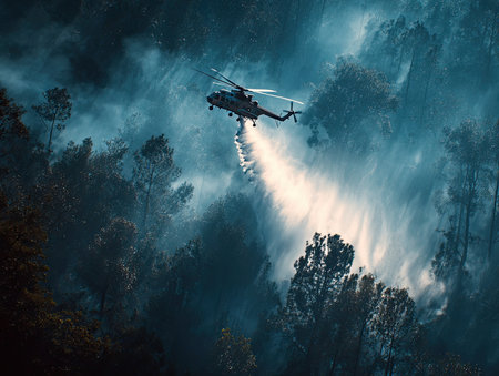 Helicopter fighting wildfire over dense forest Generative AIの素材