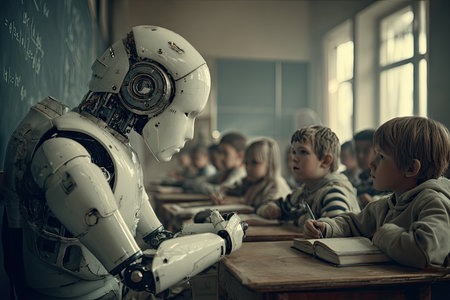 Humanoid robot sitting in futuristic room Generative AIの素材