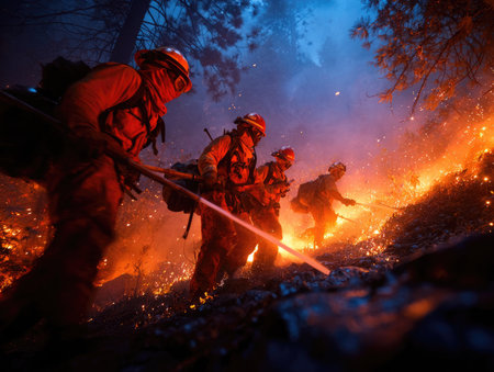 Firefighters battling intense wildfire at night Generative AIの素材