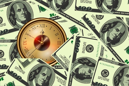 Conceptual background. Hours against hundred dollar banknotes. Time is moneyのイラスト素材