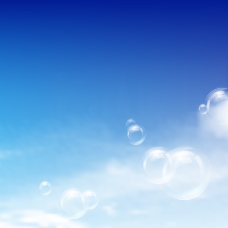 Flying soap bubbles against blue sky with cloudsのイラスト素材