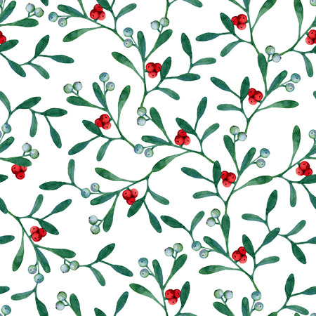 Seamless christmas background with mistletoe branches. Watercolor paintingの写真素材