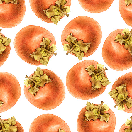 Seamless pattern with ripe persimmon. Watercolor illustrationの写真素材