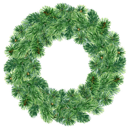 Bright green Christmas fir wreath. Watercolor illustrationの写真素材