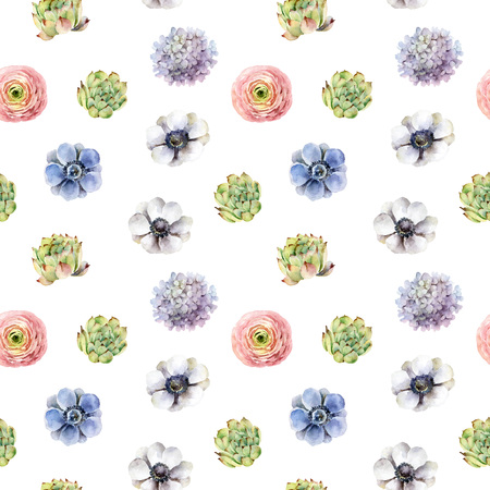 Seamless pattern with anemones, ranunculus, hydrangea, and succulentsの写真素材