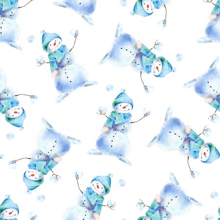 Seamless watercolor pattern with cheerful snowmanの写真素材