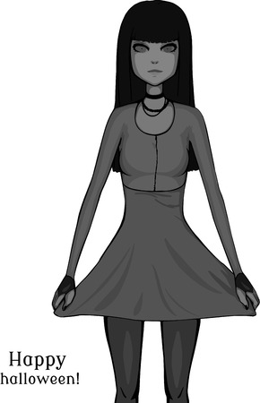 Brunette girl. Grayscale illustration. Pretty girl in dress. Happy halloween!のイラスト素材