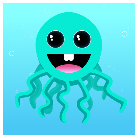 Funny octopus with big eyes on the blue background with bubbles. White frameのイラスト素材
