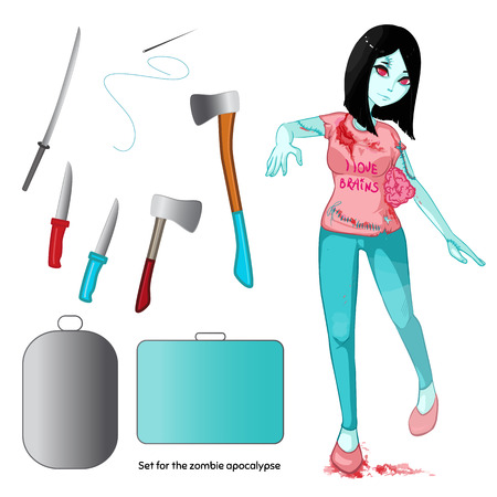 Zombie collection. Set for the zombie apocalypse - ax, knife, medical kit, zombie case and over. Zombie girl with  black hair. Happy halloween!のイラスト素材