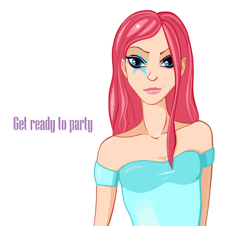 Get Ready to Party. Pretty girl with pink hair on isolated backgroundのイラスト素材