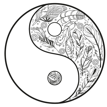 Yin and Yang. Feather pattern. Zentangle. Hand drawn mandala on isolation . Design for spiritual relaxation for adults. Line art creation. Black and white illustration for coloring.のイラスト素材