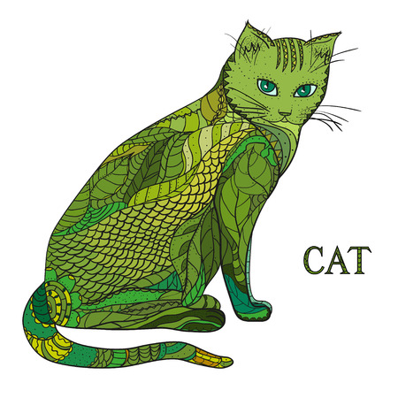 Cat. Design. Hand drawn cat with abstract patterns on isolation background. Design for spiritual relaxation for adults. Zen artのイラスト素材