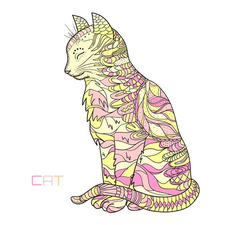 Cat. Design . Hand drawn cat with abstract patterns on isolation background. Design for spiritual relaxation for adults. Zen artのイラスト素材