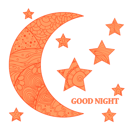 Moon and star with abstract patterns  isolated on white background.のイラスト素材