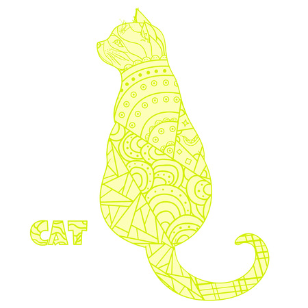 Cat. Design Zentangle. Hand drawn animal with abstract patterns on isolation background. Design for spiritual relaxation for adults. Decorative style. Print for polygraphy, posters and textilesのイラスト素材