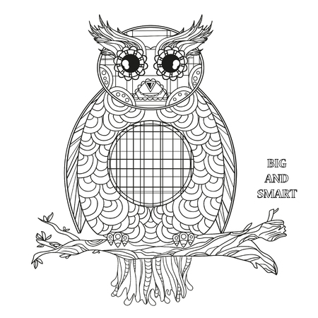 Owl. Zen art. Detailed hand drawn vintage owl with abstract patterns on isolation background. Design for spiritual relaxation for adults. Black and white illustration for coloring. Design Zentangleのイラスト素材