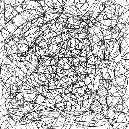 Chaos pattern. Abstract texture. Random chaotic lines. Intricate wallpaper. Hand drawn scrawls. Black and white illustration. Isolatedのイラスト素材