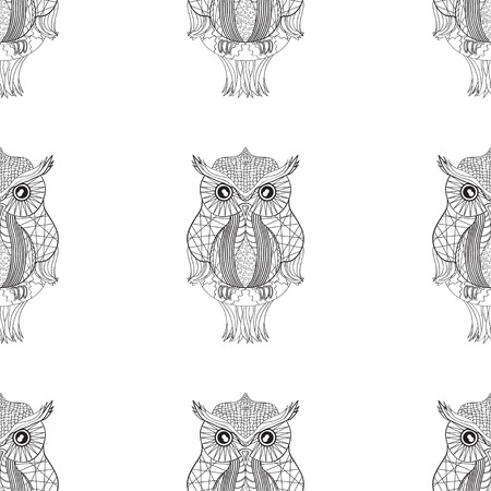Owl Seamless pattern Hand drawn abstract patterns on isolation background. Design for spiritual relaxation for adults. Line art creation. Zen art. Decorative styleのイラスト素材