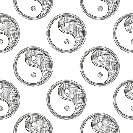 Yin and Yang Seamless pattern. Hand drawn mandala on isolation background. Design for spiritual relaxation for adults. Line art creation. Black and white illustration. Zen artのイラスト素材