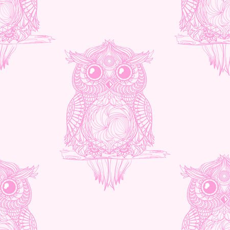 Owl. Seamless pattern. Design Zentangle. Hand drawn abstract patterns on isolation background. Design for spiritual relaxation for adults. Line art creation. Zen art. Decorative styleのイラスト素材