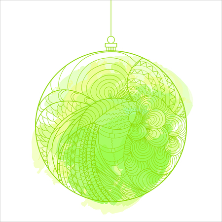 Christmas tree toy. Watercolor stain. Happy New Year. Zentangle. Hand drawn element with abstract patterns on isolation background. Design for spiritual relaxation for adults. Line art creationのイラスト素材