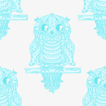 Owl. Seamless pattern. Design Zentangle. Hand drawn abstract patterns on isolation background. Design for spiritual relaxation for adults. Line art creation. Zen art. Decorative styleのイラスト素材