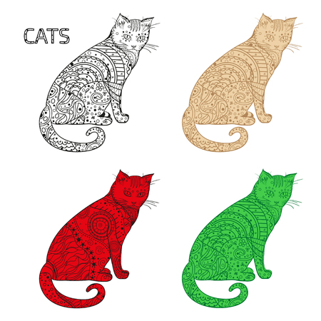 Hand drawn cat with abstract patterns on isolation background. Design for spiritual relaxation for adults. Black and white illustration for coloring. Zen artのイラスト素材
