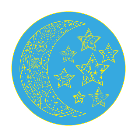 Moon and star with abstract patterns on isolation background. Design for spiritual relaxation for adults. Line art creation. Print t-shirts. Art creation. Web iconのイラスト素材
