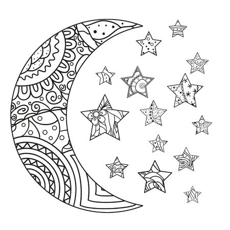Moon and star with abstract patterns on isolation background. Design for spiritual relaxation for adults. Line art creation. Black and white illustration for anti stress colouring page. Print t-shirtsのイラスト素材