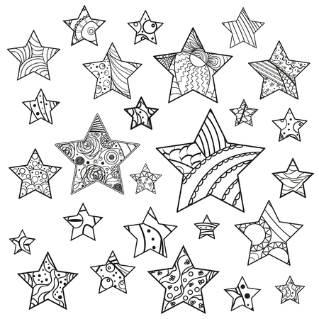 Set of  stars. Zen art.  Art creative. Illustration. Abstract patterns on isolation background. Design for spiritual relaxation for adults. Line art. Doodle for designのイラスト素材