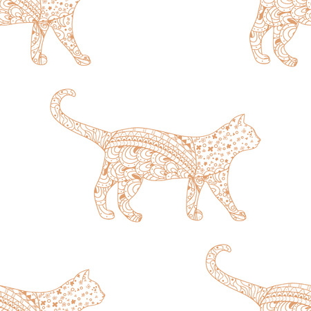 Cat. Seamless pattern.   Hand drawn cat with abstract patterns on isolation background. Design for spiritual relaxation for adults. Art creative. Outline for tattoo, printing on t-shirtsのイラスト素材