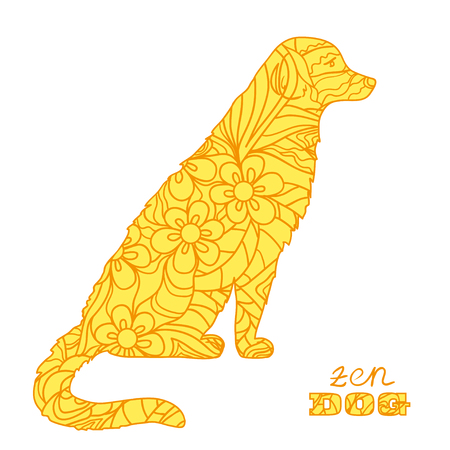 Dog. Line art. Boho style. Hand drawn dog with abstract patterns on isolation background. Design for spiritual relaxation for adults. Outline for tattoo, printing on t-shirts.のイラスト素材