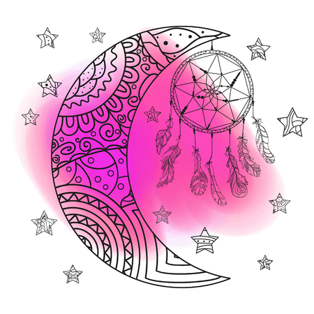 Crescent. Moon and stars with abstract patterns. Dreamcatcher. Watercolor spot. Colored aquarelle blotch. Design zentangle. Design for spiritual relaxation for adults. Bright stain. Print for t-shirtsのイラスト素材