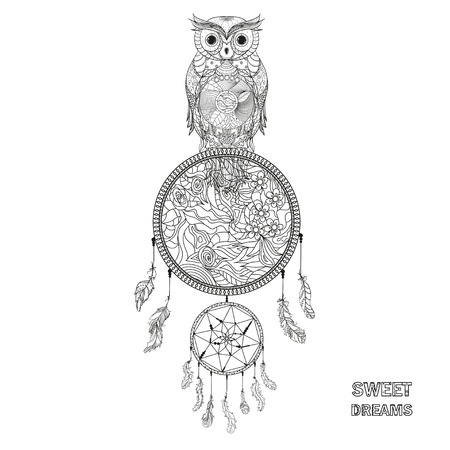 A Dream catcher with owl WITH Abstract patterned bird. American Indians symbol.のイラスト素材