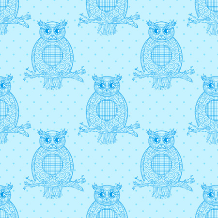 Owl on tree branch. Seamless colorful wallpaper. Dotted background. Design Zentangle. Hand drawn compositionのイラスト素材