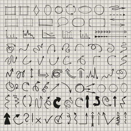 Hand drawn infographic elements on isolation grid background. Abstract circles, arrows and rectangle framesのイラスト素材