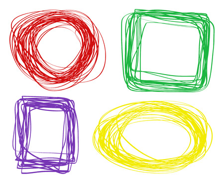 Chaotic geometric frames on white. Colored abstract tangled borders. Hand drawn dinamic scrawls. Backgrounds with chaos stripes. Line art creation. Sketchy doodles for workのイラスト素材